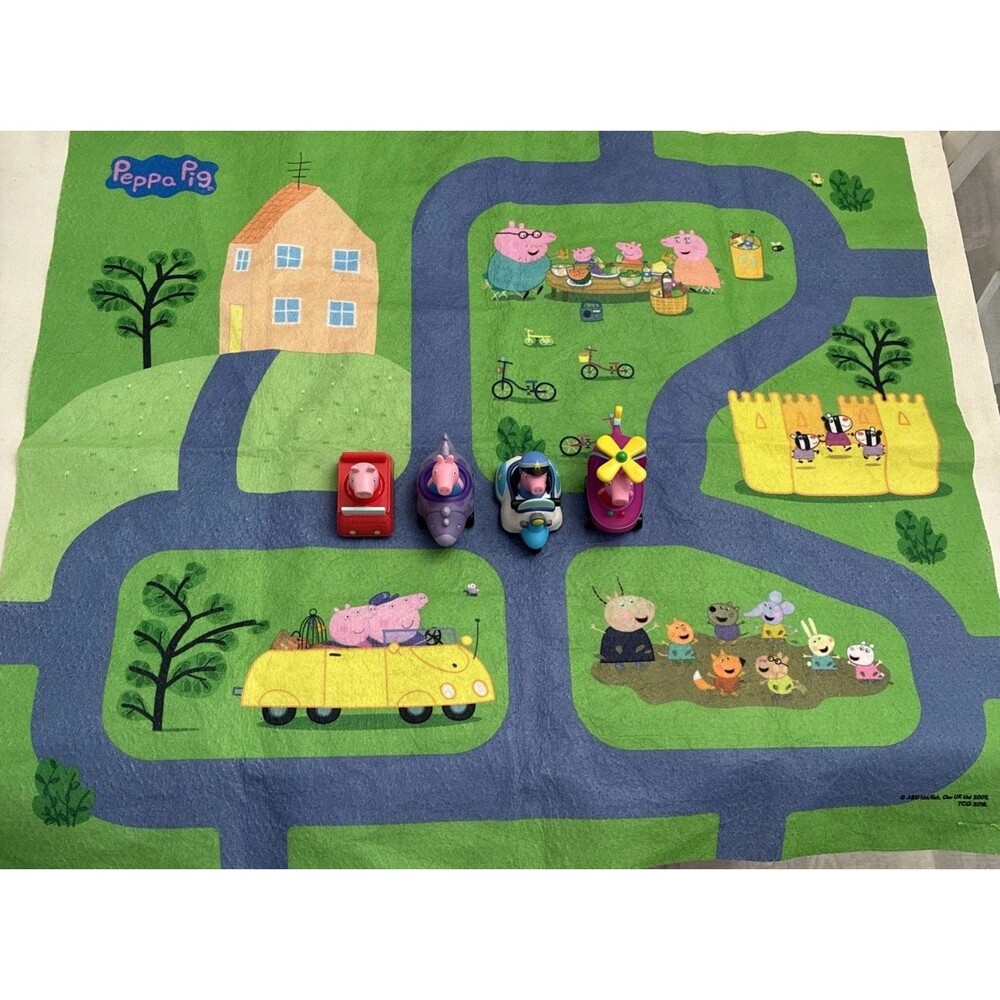 Vintage Peppa Pig Felt Play Mat With 4 Cars 2003 Policeman Dino Helicopter